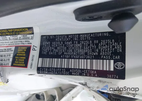 2015 Toyota Camry Se z USA, uszkodzony, nr VIN 4T1BF1FK6FU073621